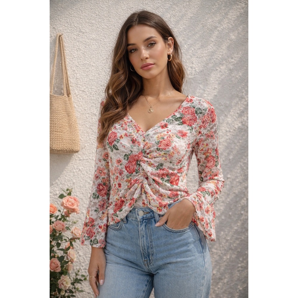 Almost Famous Babydoll Top Womens XL Floral Lace Red Pink Roses Coquette Vintage